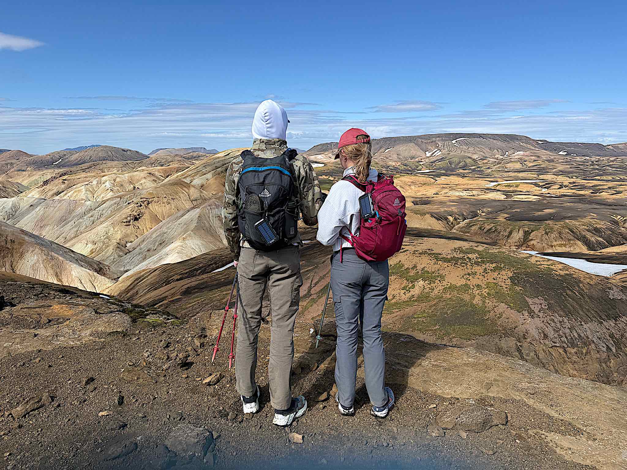 Two hikers looking out over the rhyolite mountains at Landmannalaugar