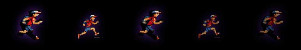 Pixel art trail runners sprinting across a black screen