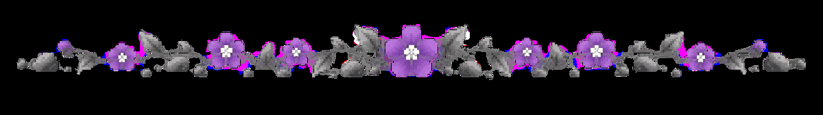 Pixel art purple wildflower divider with gray leaves and trail rocks