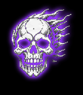 Glowing purple pixel art skull laughing